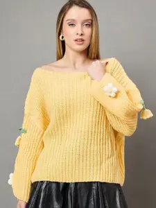 KASMA Women Self Design Quirky Woollen Boat Neck Pullover Sweaters