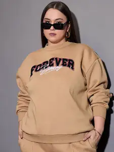 SASSAFRAS Curve Women Cotton Plus Size Typography Embroidered Sweatshirt