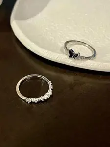 YU FASHIONS Set Of 2 Stainless Steel Rhinestone-Studded Double Layer Butterfly Rings