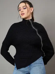 KASMA Women Cable Knit Woollen Poncho with Zip Detail Detail