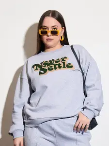 SASSAFRAS Curve Women Plus Size Typography Embroidered Sweatshirt