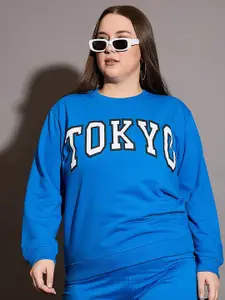 SASSAFRAS Curve Women Plus Size Typography Printed Pullover Sweatshirt