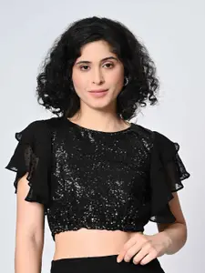 BAESD Women Embellished Round Neck Flutter Sleeve Crop Top