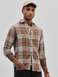 Snitch Men Smart Spread Collar Tartan Checked Cotton Casual Shirt