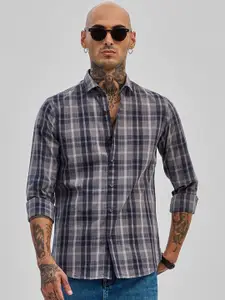 Snitch Men Smart Spread Collar Tartan Checked Cotton Casual Shirt