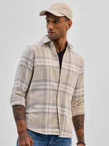 Snitch Men Smart Spread Collar Tartan Checked Cotton Casual Shirt