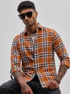 Snitch Men Smart Spread Collar Tartan Checked Cotton Casual Shirt