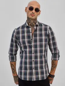 Snitch Men Smart Spread Collar Tartan Checked Cotton Casual Shirt