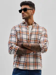 Snitch Men Smart Spread Collar Tartan Checked Cotton Casual Shirt