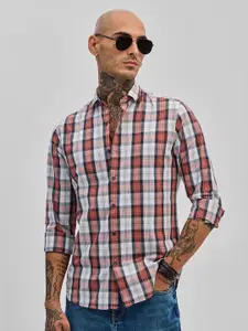 Snitch Men Smart Spread Collar Tartan Checked Cotton Casual Shirt