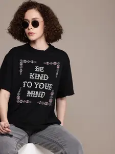 The Roadster Life Co. Typography Printed Drop-Shoulder Sleeves Oversized T-shirt