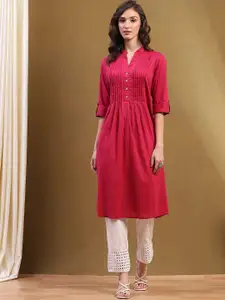 Biba Mandarin Collar Roll-Up Sleeves Cotton Straight Kurta