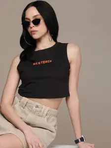 The Roadster Life Co. Typography Printed Sleeveless Crop T-shirt