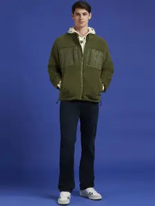 Pepe Jeans Men Mock Collar Self Design Casual Bomber Jacket