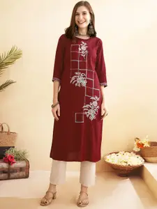 Anouk Maroon Floral Printed Round Neck Thread Work Liva Straight Kurta