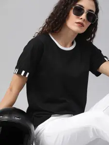 Roadster Women Black Solid Round Neck Pure Cotton T-shirt with Sleeve Stripes