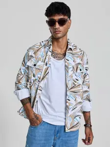 Snitch Men Spread Collar Abstract Printed Cotton Casual Open Front Jacket