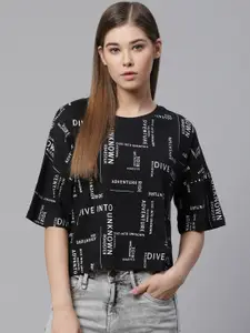 Roadster Women Black & White Printed Round Neck T-shirt