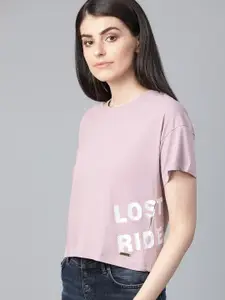 Roadster Women Lavender Solid Round Neck Pure Cotton T-shirt