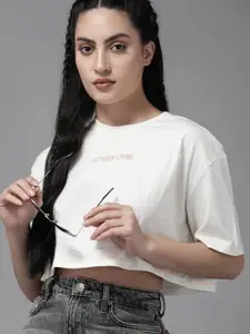 The Roadster Lifestyle Co. Printed Drop-Shoulder Sleeves Cotton Super Crop Boxy T-shirt