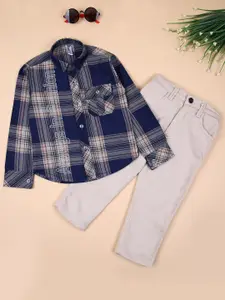 V-Mart Boys Checked Pure Cotton Shirt with Trousers