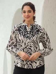 Rain & Rainbow Print Mandarin Collar Puff Sleeve Cotton Shirt Style Top