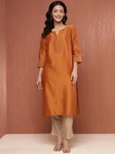 Fabindia Striped Embroidered Notched Neck Pure Cotton Straight Kurta