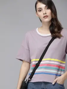 Roadster Women Multicoloured Striped Round Neck Pure Cotton T-shirt