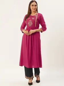 Anouk Floral Embroidered Pleated Zari Cotton Straight Kurta