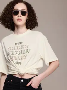 The Roadster Life Co. Typography Printed Drop-Shoulder Sleeves Oversized T-shirt