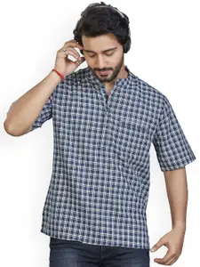 Authentics Checked Band Collar Pure Cotton Straight Short Kurta
