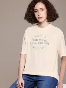 The Roadster Life Co. Typography Printed Drop-Shoulder Sleeves Oversized T-shirt