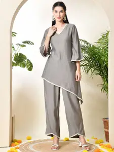 Sangria V-Neck Three-Quarter Sleeves Top With Trouser