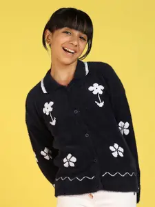 Nauti Nati Girls Floral Self Design Acrylic Cardigan Sweater