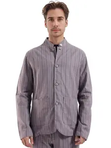 RARE RABBIT Men Mandarin Collar Striped Cotton Casual Tailored Jacket