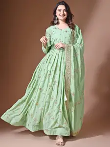 KALINI Floral Embroidered Round Neck Gathered Georgette Maxi Ethnic Dress With Dupatta