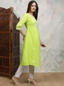 Vishudh Floral Embroidered Three-Quarter Sleeves A-Line Kurta