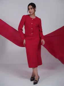 PANKH Women Round Neck Button Detail Coat and Skirt