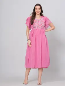 BAESD Women Embroidered Self Design A-Line Midi Dress