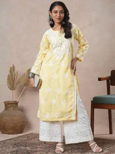 ADA Floral Embroidered Lucknowi Chikankari Pure Cotton Straight Kurta