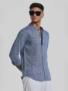 Snitch Men Smart Band Collar Solid Linen Slim Fit Casual Shirt