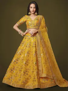 ODETTE Embroidered Thread Work Semi-Stitched Lehenga & Unstitched Blouse With Dupatta