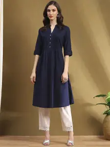 Biba Mandarin Collar Pleated A-Line Cotton Kurta