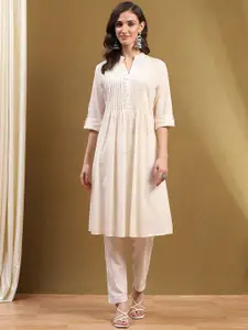 Biba Band Collar Panelled Cotton A-Line Kurta