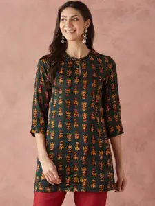 Fabindia Ethnic Motifs Printed Keyhole Neck Straight Short Kurta