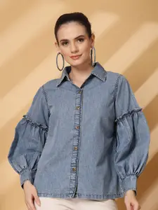 plusS Women Standard Spread Collar Solid Cotton Casual Shirt