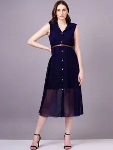 BAESD Georgette A-Line Shirt Collar Belted Midi Dress