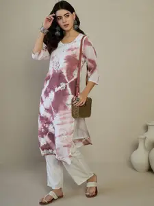Anouk White & Purple Floral Embroidered Round Neck Straight Kurta