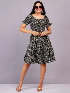 BAESD Floral Printed Smocked Knee Length Puff Sleeve Fit & Flare Dress