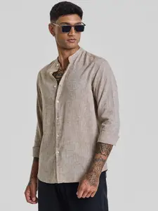 Snitch Men Smart Band Collar Solid Linen Slim Fit Casual Shirt